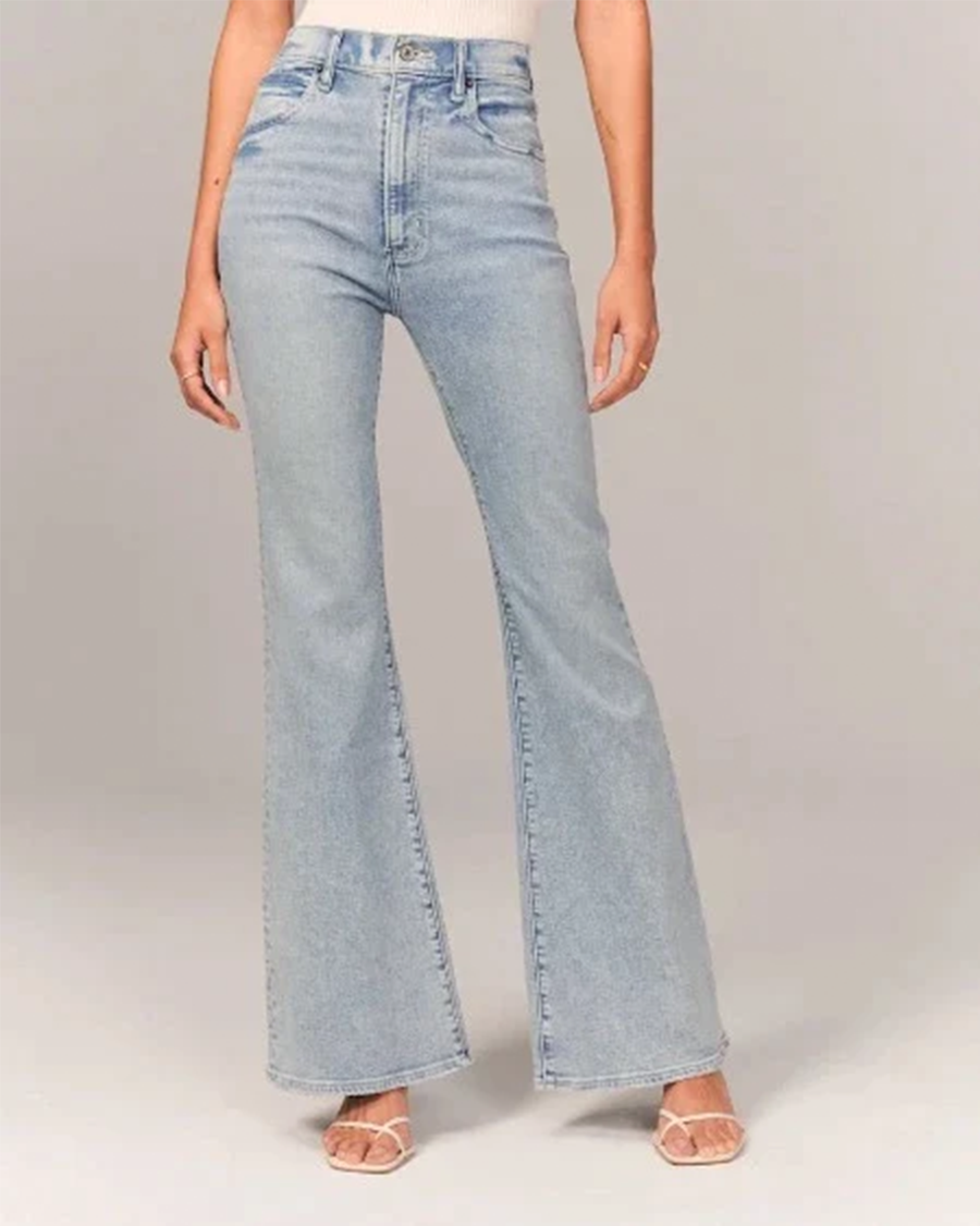 Retro High Waisted Flared Jeans with Fitted Hip and Full Length Flare