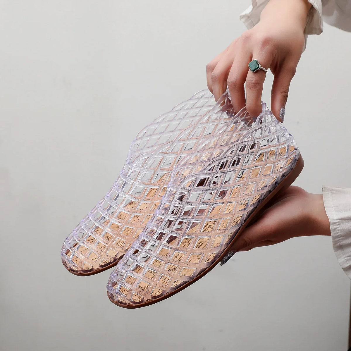 Retro Jelly Shoes with Cut-Out Lattice Design and Cork Insole