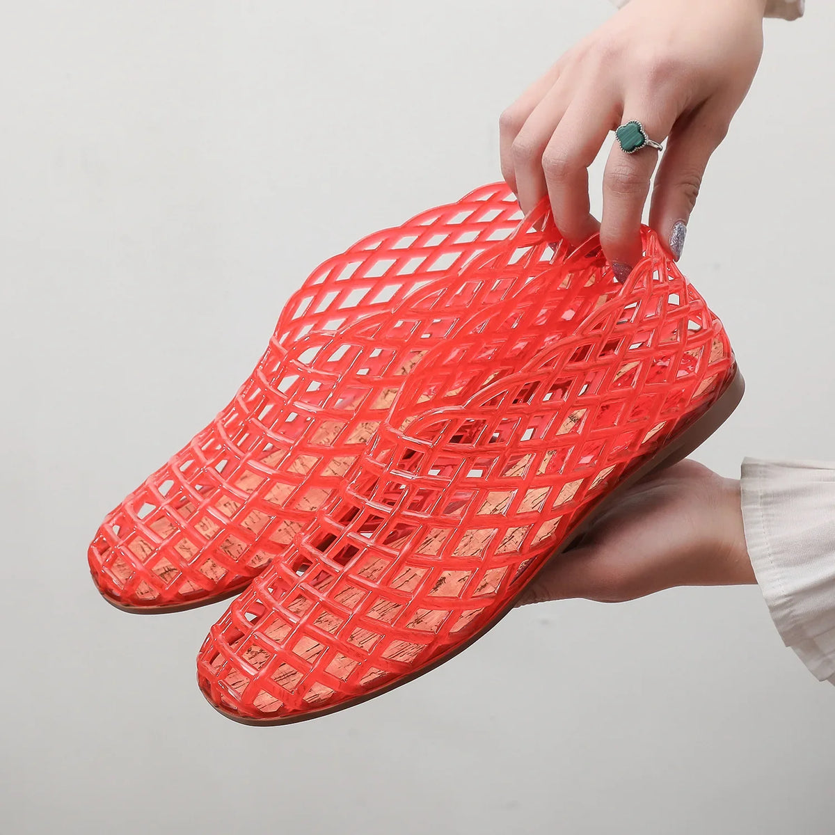 Retro Jelly Shoes with Cut-Out Lattice Design and Cork Insole