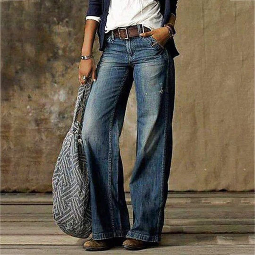 Retro Relaxed Fit Wide Leg Jeans with Heavy Fading and Vintage Wash