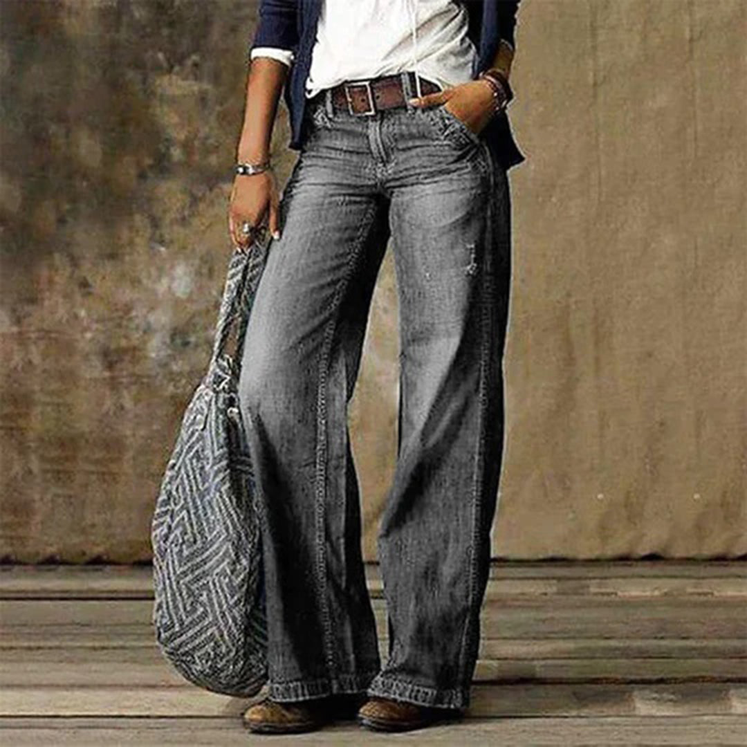 Retro Relaxed Fit Wide Leg Jeans with Heavy Fading and Vintage Wash