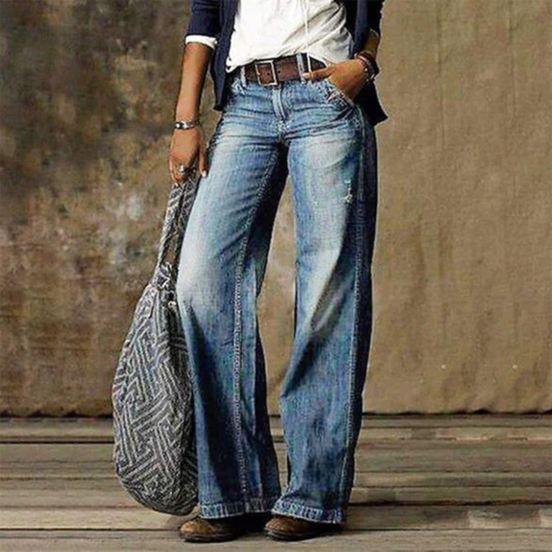Retro Relaxed Fit Wide Leg Jeans with Heavy Fading and Vintage Wash