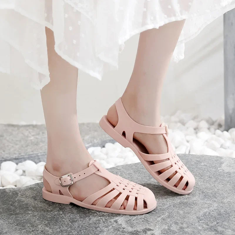 Retro Woven Gladiator Sandals with Ankle Buckle Strap