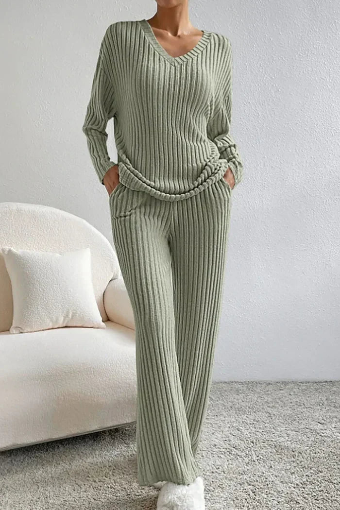 Ribbed Knit Two Piece Set with V-Neckline and Wide Leg Trousers