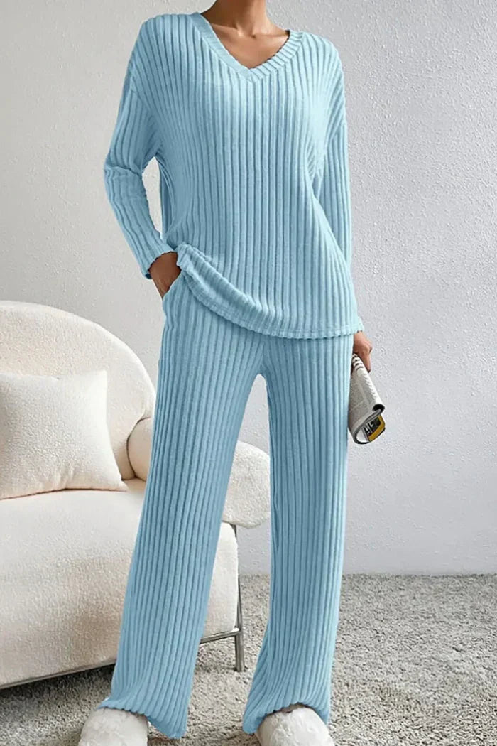 Ribbed Knit Two Piece Set with V-Neckline and Wide Leg Trousers