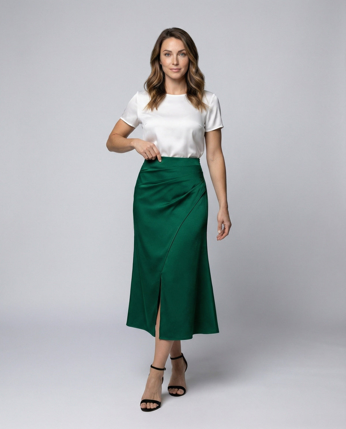 Satin Midi Skirt with Wrap Front and Split Hem