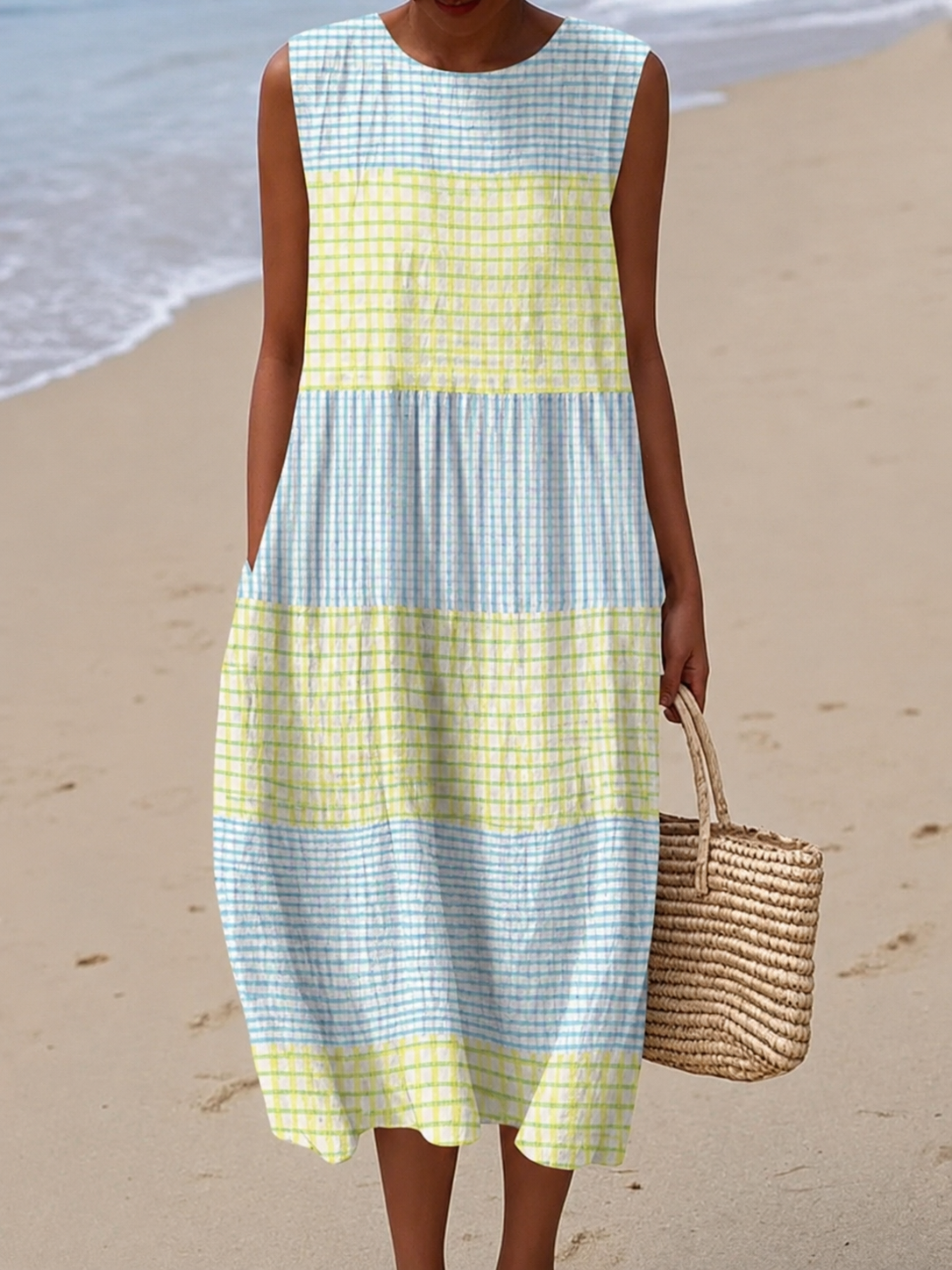 Sleeveless Midi Dress with Round Neck and Relaxed Fit
