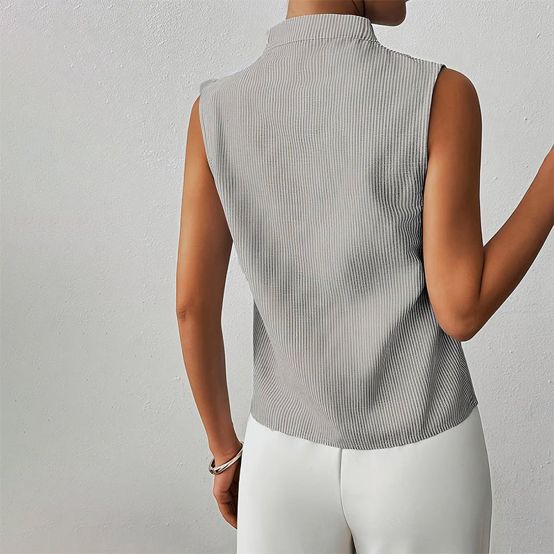 Sleeveless Striped Top with Stand Collar and V-Neckline