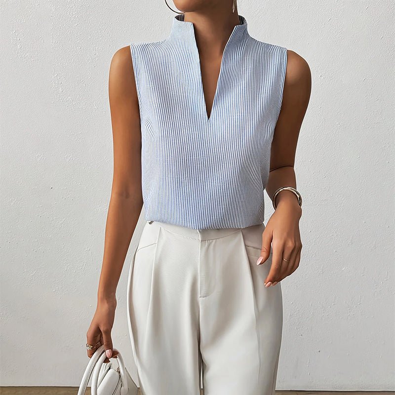 Sleeveless Striped Top with Stand Collar and V-Neckline