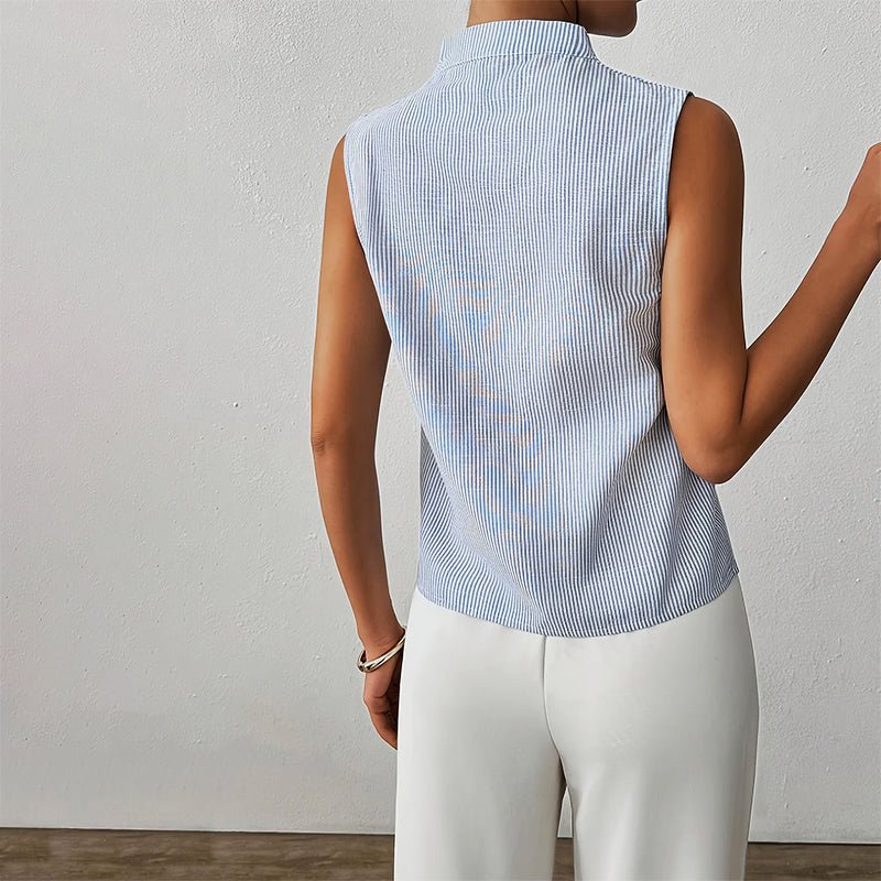 Sleeveless Striped Top with Stand Collar and V-Neckline