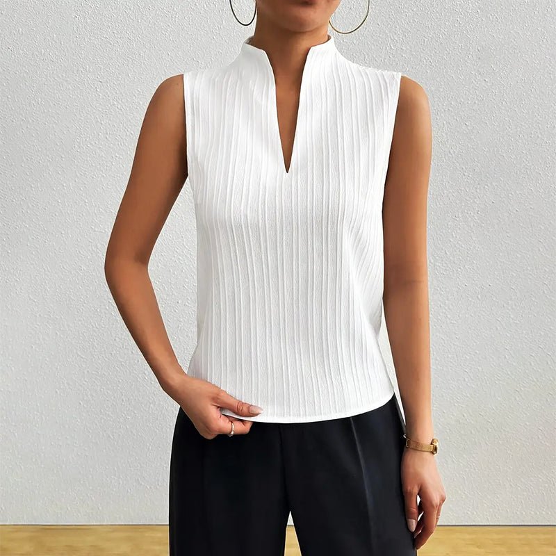Sleeveless Striped Top with Stand Collar and V-Neckline