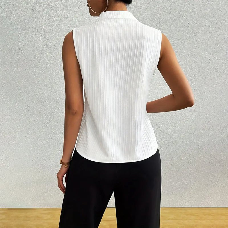 Sleeveless Striped Top with Stand Collar and V-Neckline