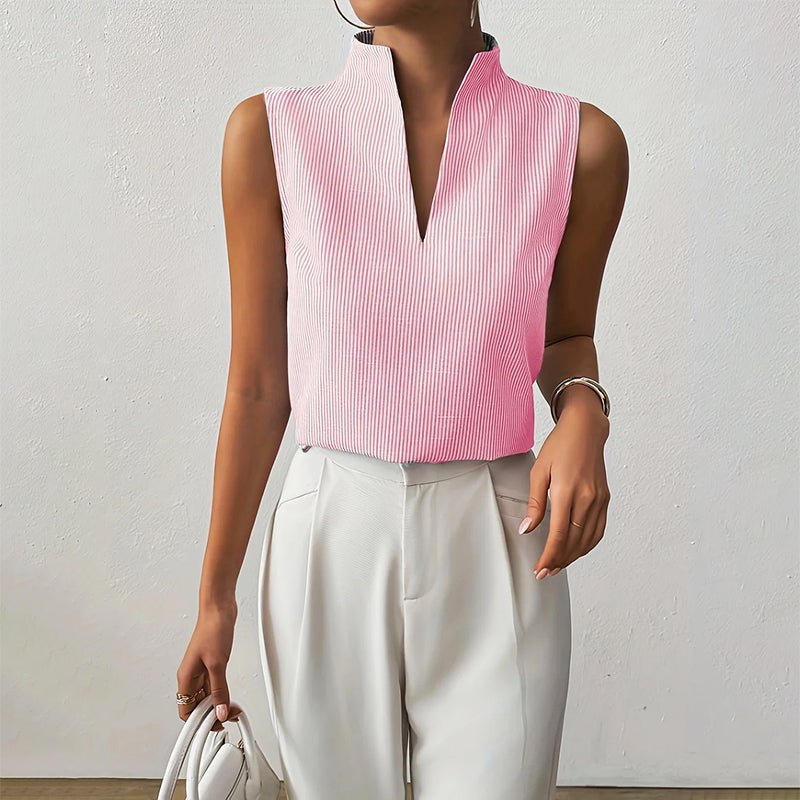 Sleeveless Striped Top with Stand Collar and V-Neckline