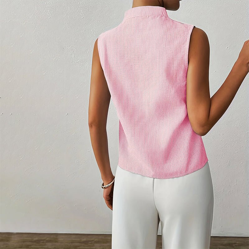 Sleeveless Striped Top with Stand Collar and V-Neckline