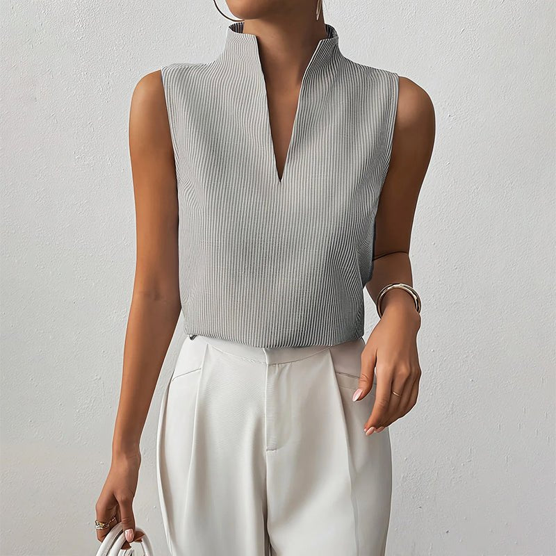 Sleeveless Striped Top with Stand Collar and V-Neckline