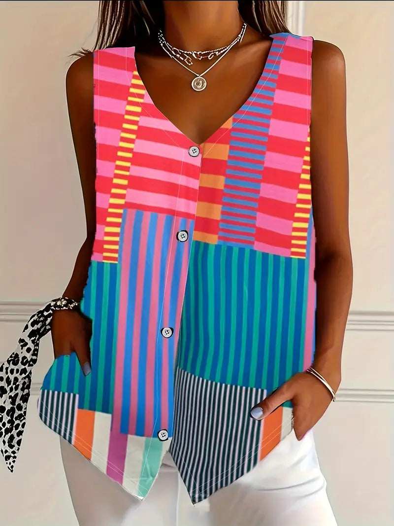 Sleeveless V-Neck Top with Bold Print and Button Front