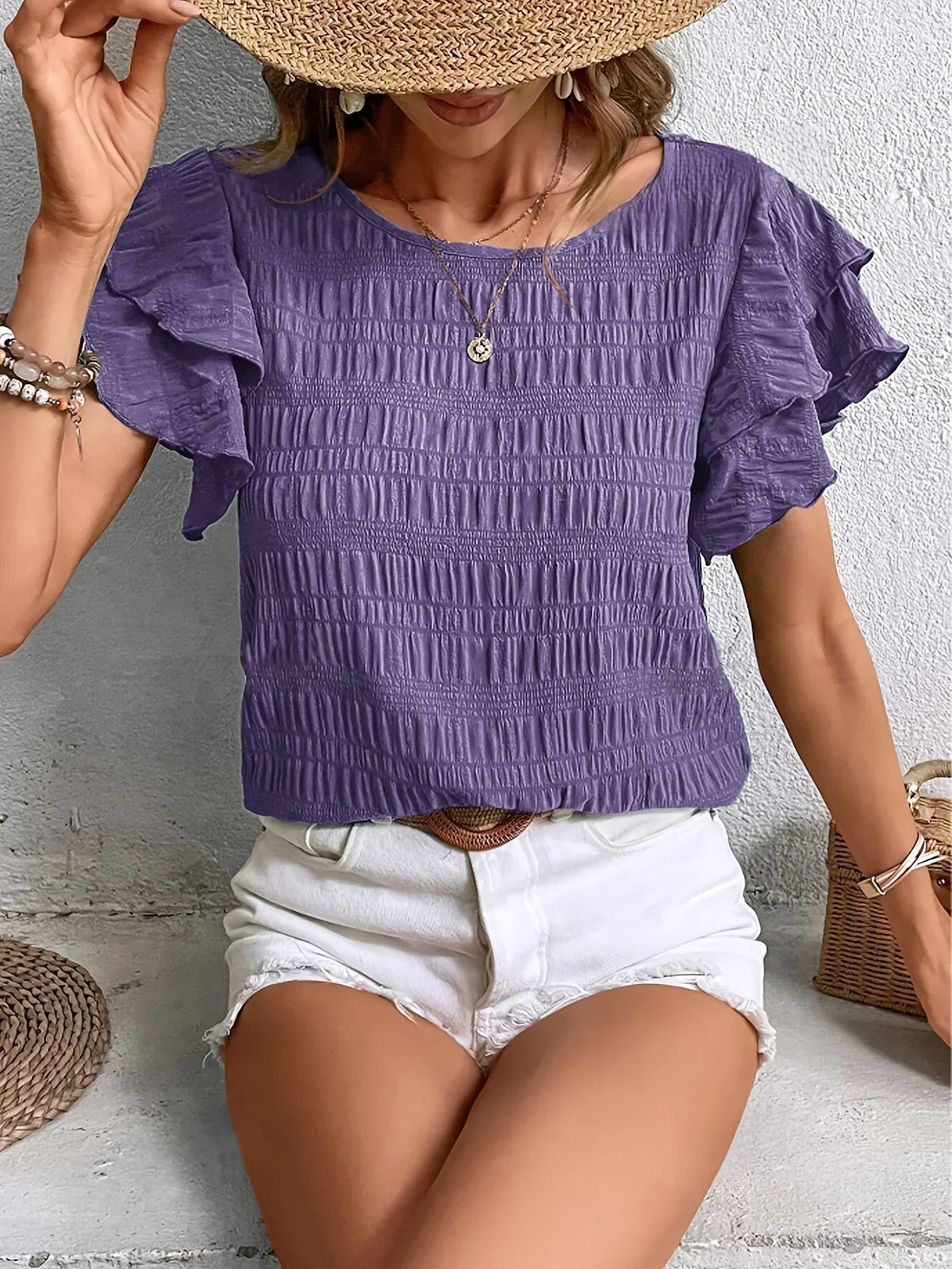 Smocked Ruffle Sleeve Top with Round Neckline