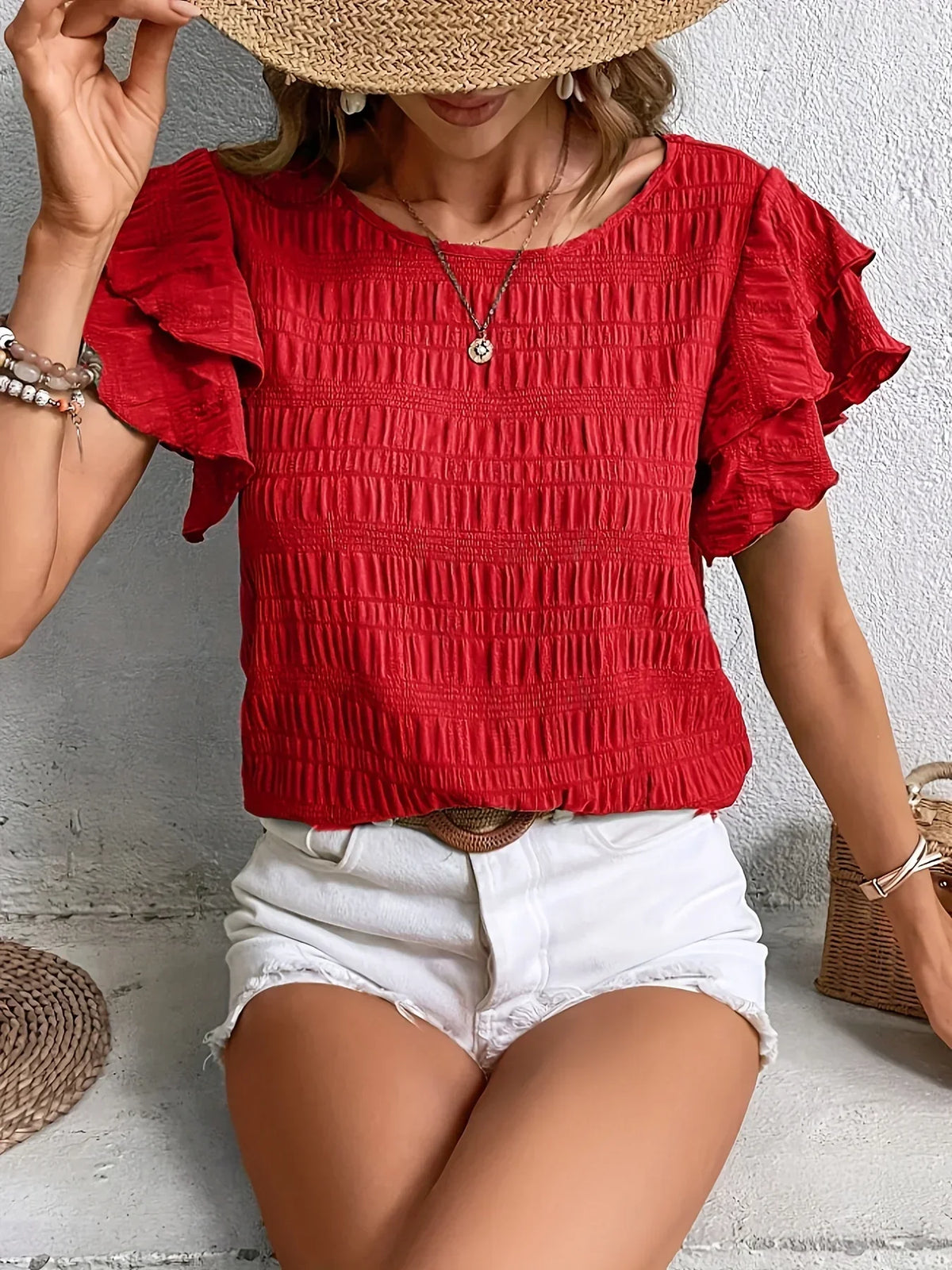 Smocked Ruffle Sleeve Top with Round Neckline