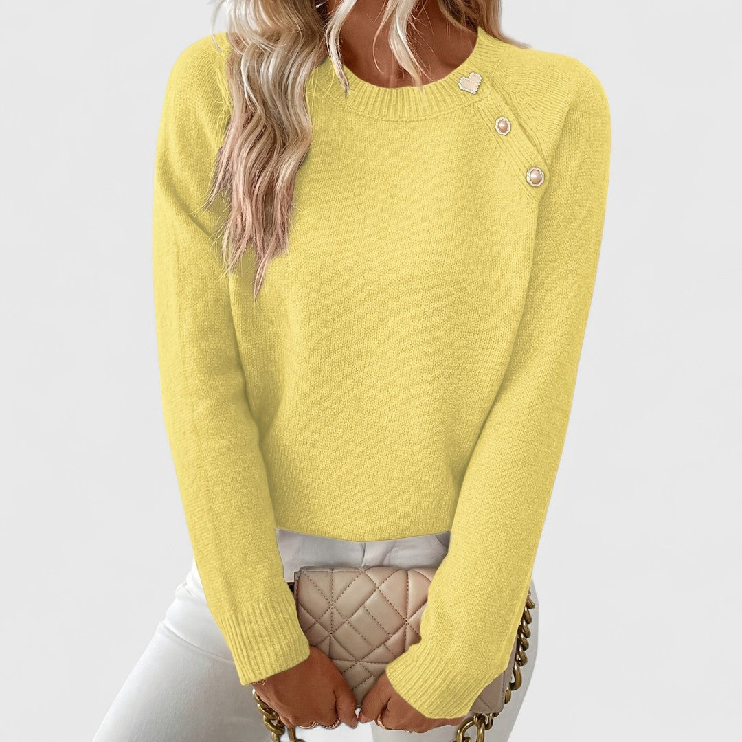 Soft Knit Sweater with Pearl Button Detail and Crew Neck