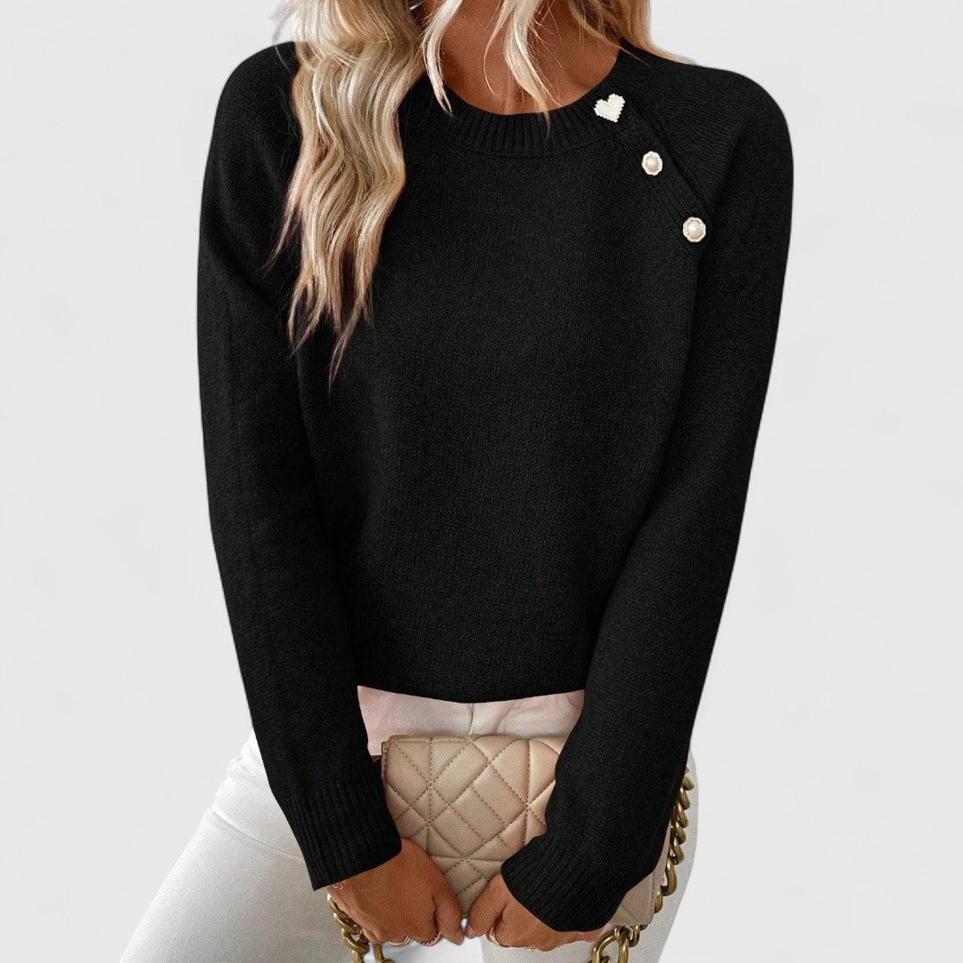 Soft Knit Sweater with Pearl Button Detail and Crew Neck
