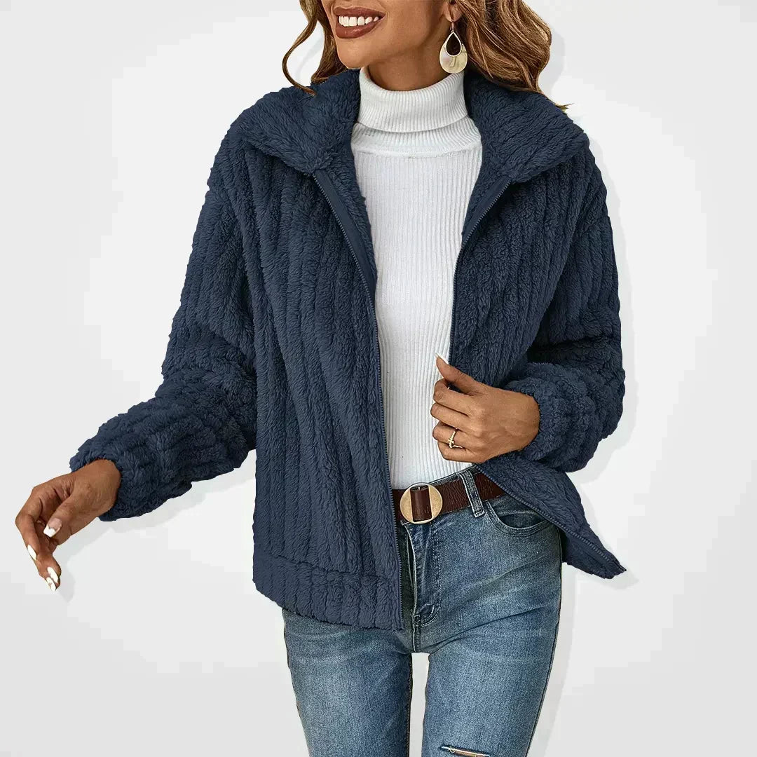 Soft Teddy Fleece Jacket with Zip Front and Collar