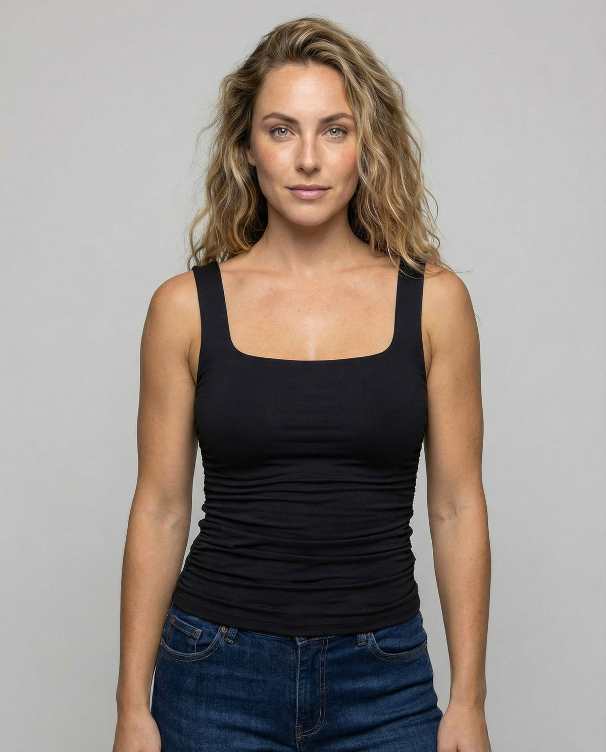 Square Neck Tank Top with Ruched Side Detail