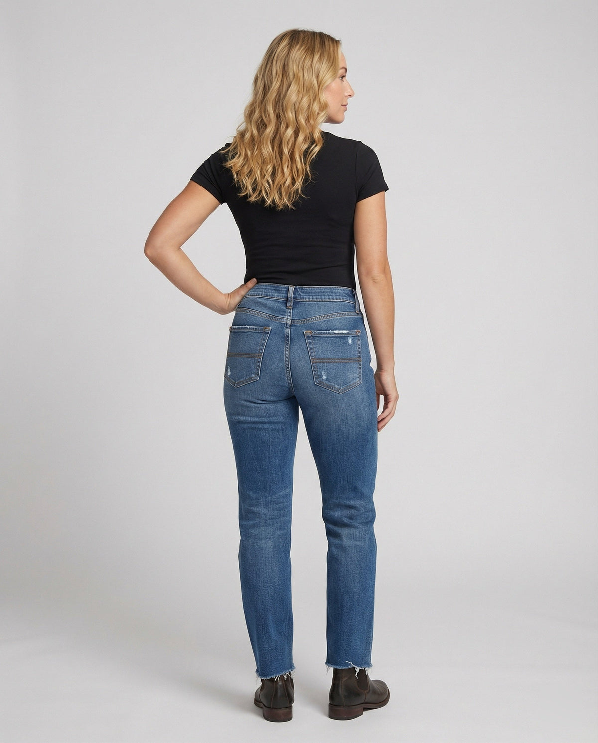 Straight Leg Jeans with Distressed Detail and Mid Rise