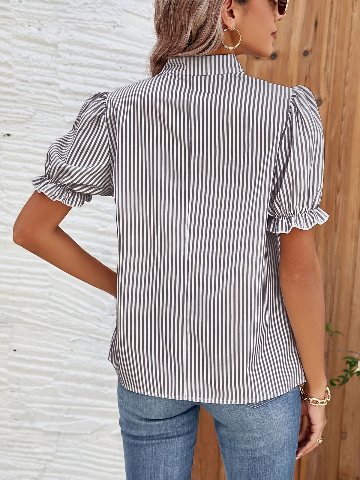 Striped Blouse with Puff Sleeves and Gathered Neckline Detail