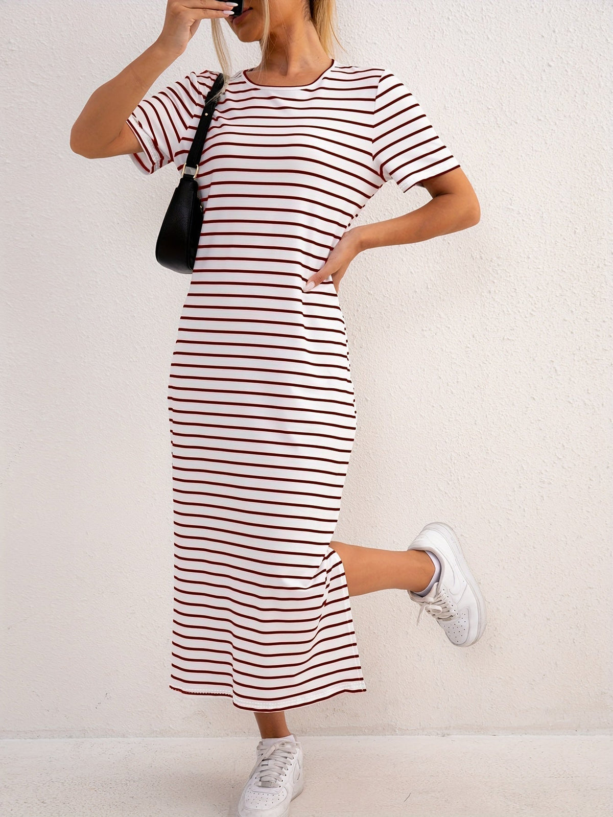 Striped Jersey Midi Dress with Side Split and Short Sleeves