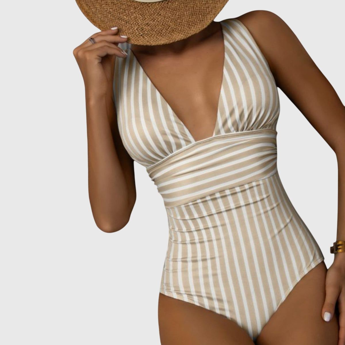 Striped One Piece Swimsuit with Deep V-Neckline and Wrap Waist