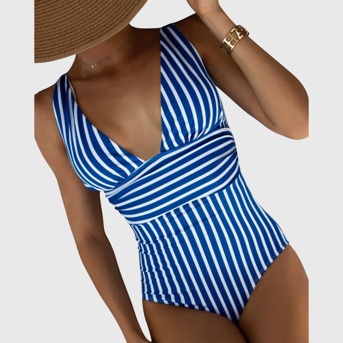 Striped One Piece Swimsuit with Deep V-Neckline and Wrap Waist