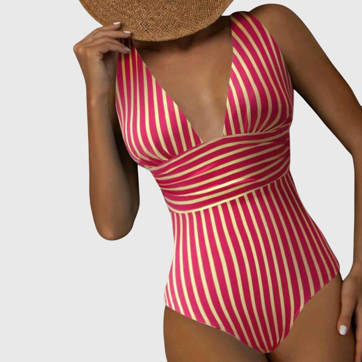 Striped One Piece Swimsuit with Deep V-Neckline and Wrap Waist