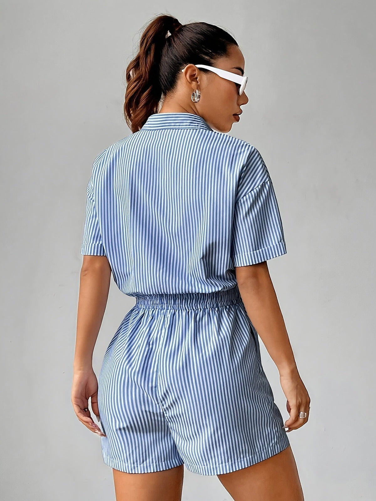 Striped Playsuit with Button-Up Front and Drawstring Waist