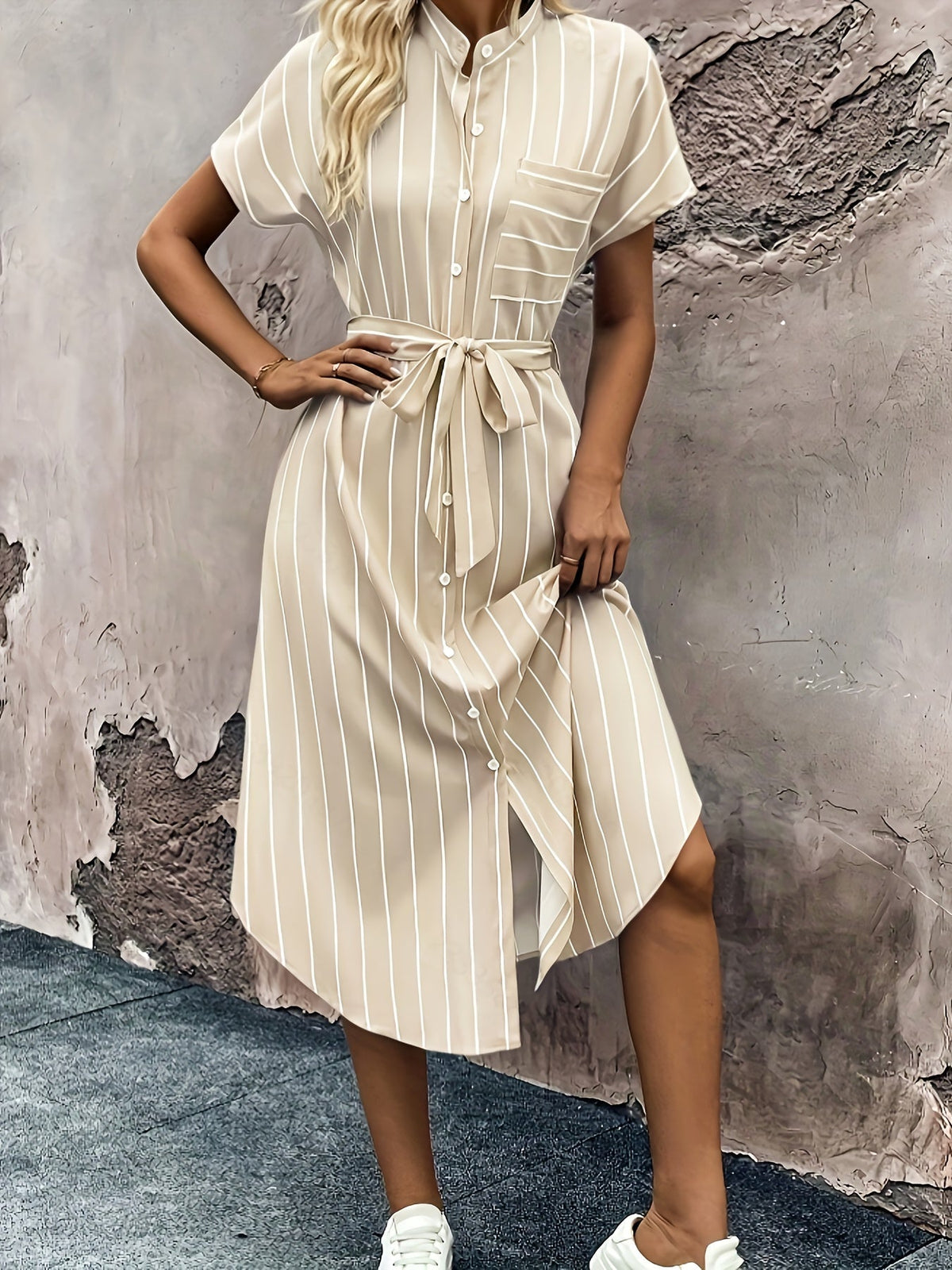 Striped Shirt Dress with Tie Waist and Asymmetric Hem