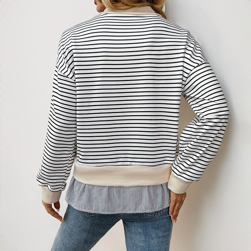 Striped Sweatshirt with Mock Neck and Ruffle Hem