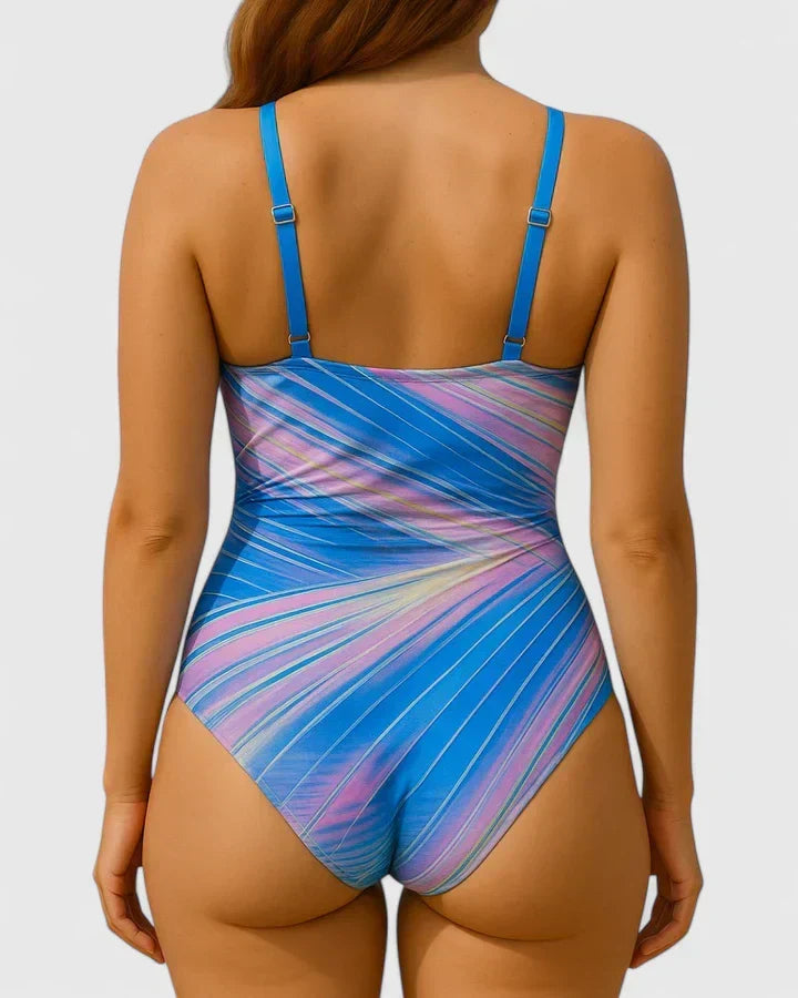 Striped Wrap Front One Piece Swimsuit with Ruched Side Tie