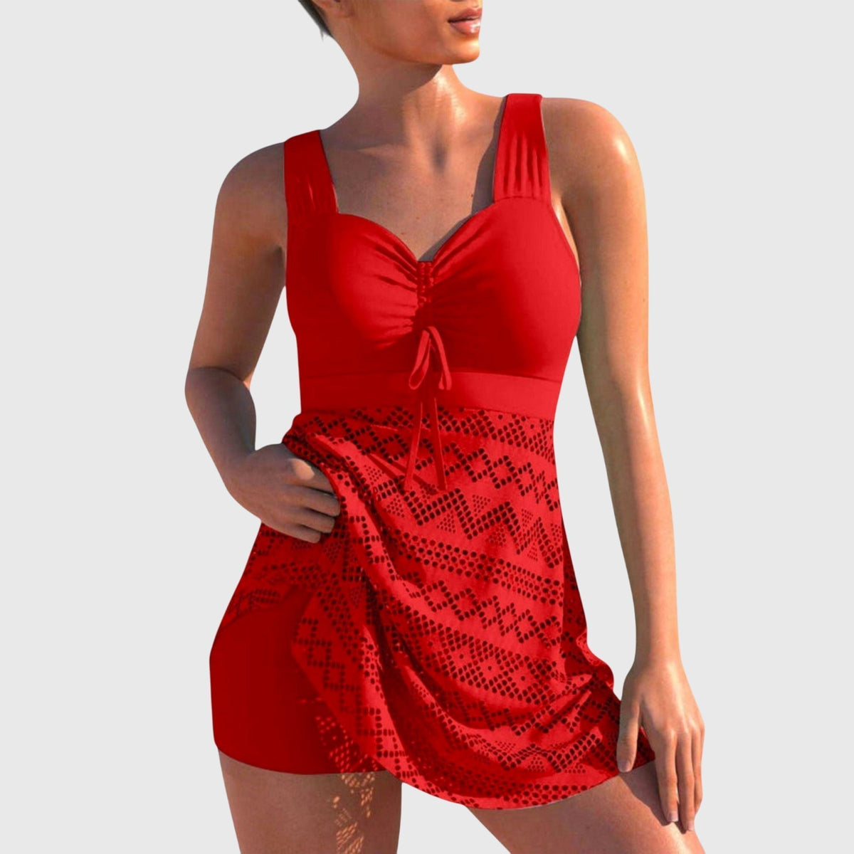 Swim Dress with Ruched Bodice and Crochet Skirt Overlay