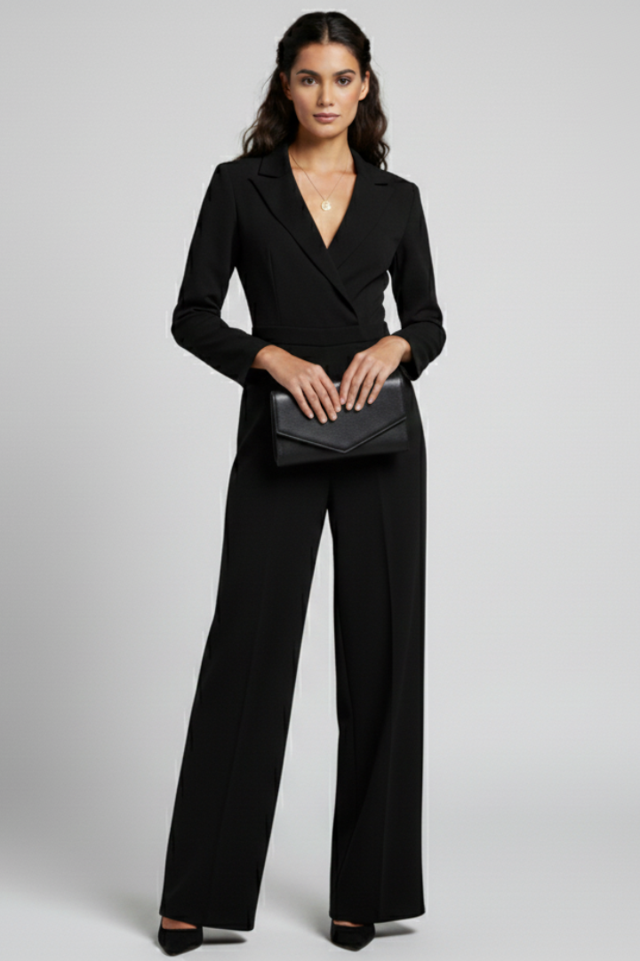 Tailored Wide Leg Jumpsuit with Blazer Collar and Long Sleeves