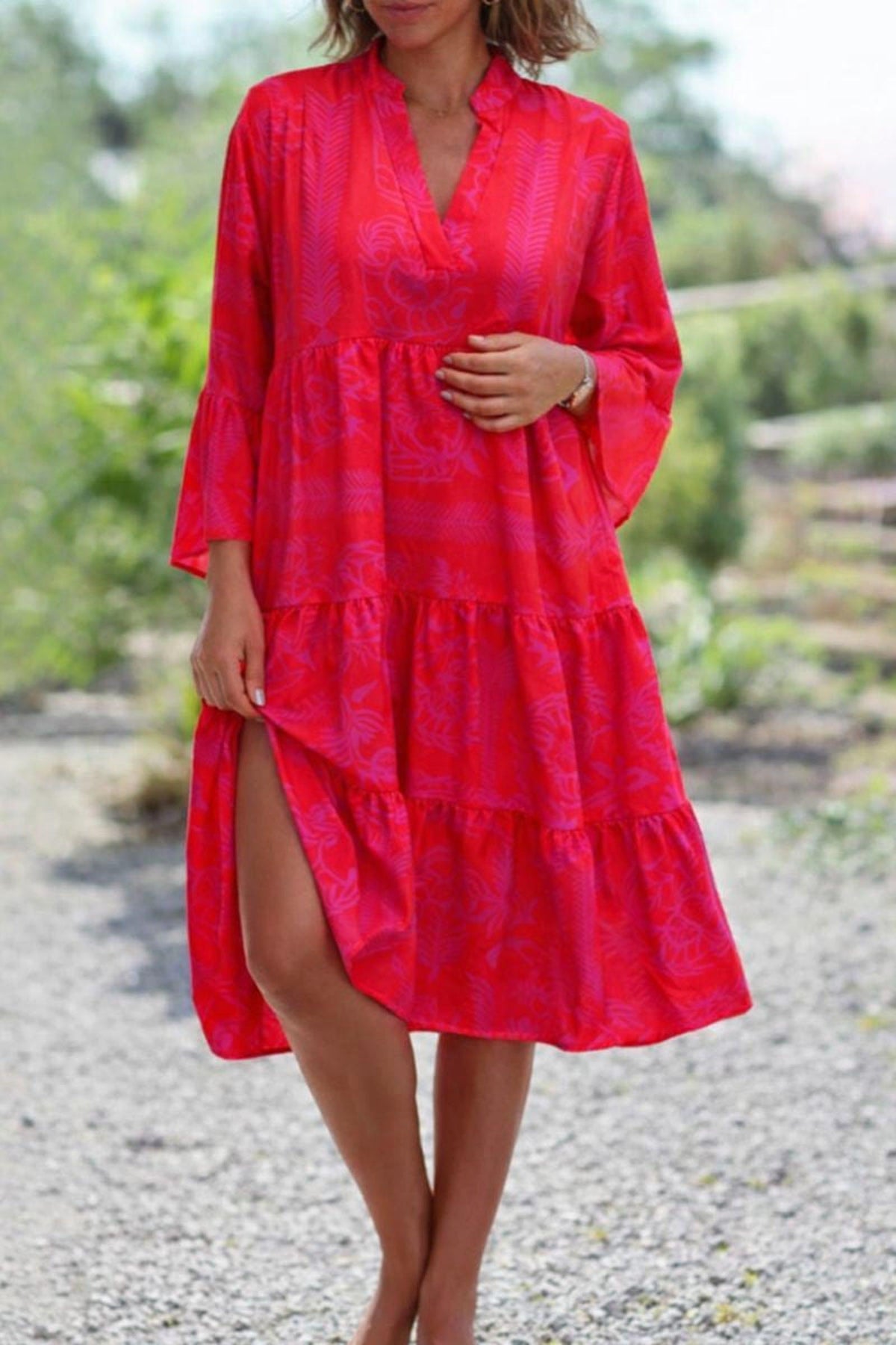 Tiered Midi Dress with Tropical Print and Bell Sleeves
