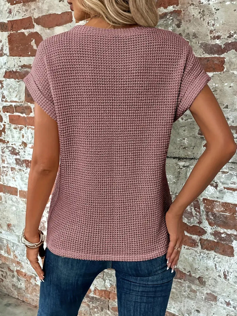 Comfortable Waffle Knit Top with Twisted Hem and Round Neckline