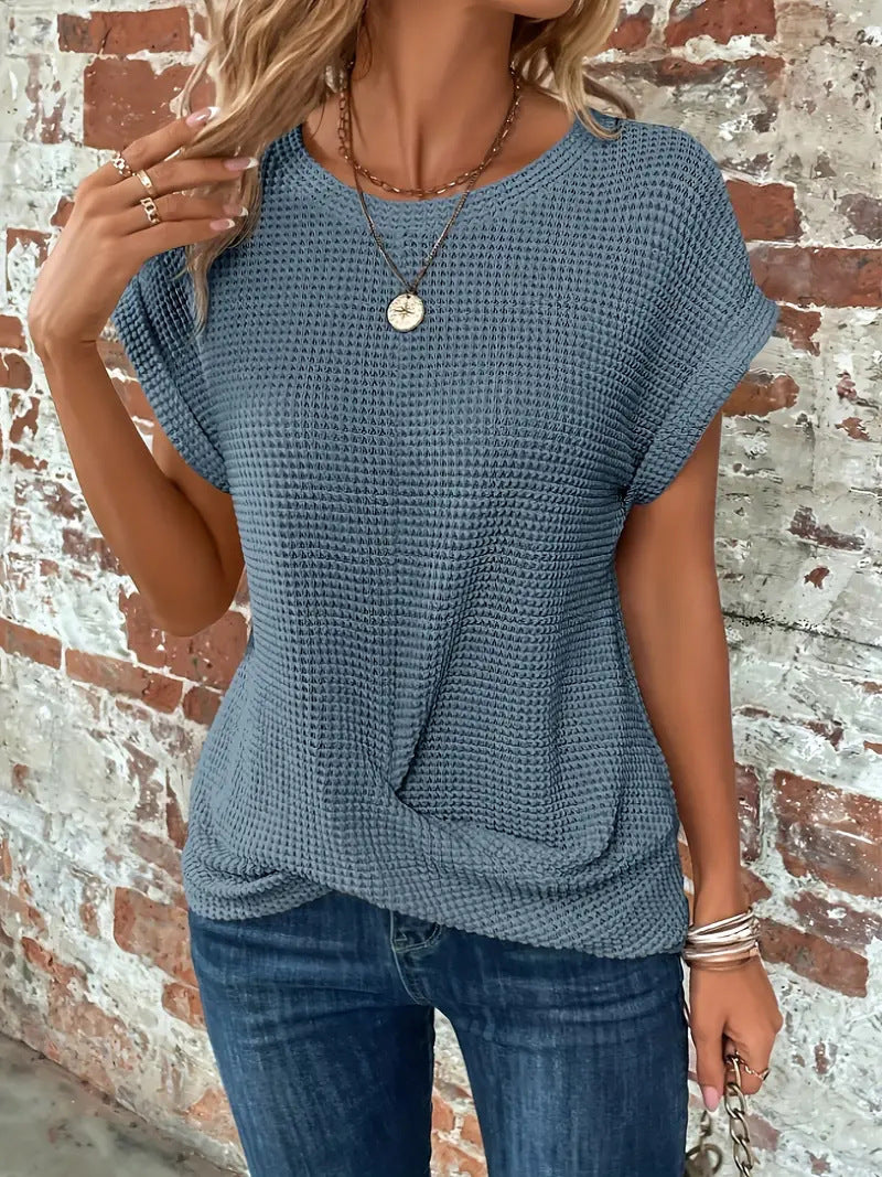 Comfortable Waffle Knit Top with Twisted Hem and Round Neckline