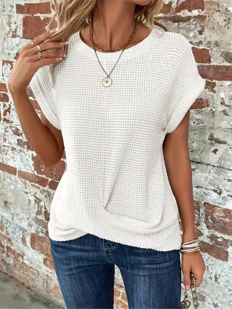 Comfortable Waffle Knit Top with Twisted Hem and Round Neckline