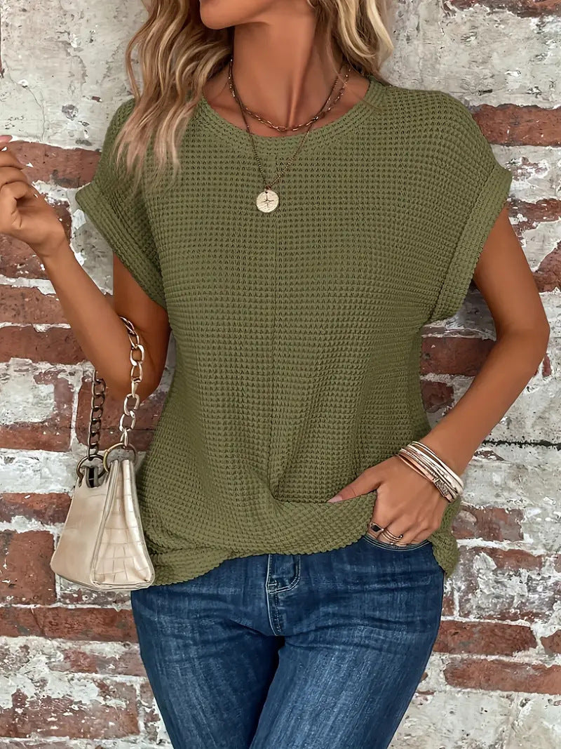 Comfortable Waffle Knit Top with Twisted Hem and Round Neckline