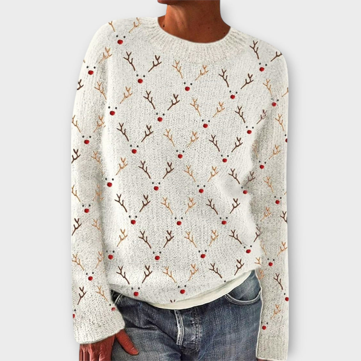 Festive Pattern Christmas Jumper with Crew Neck and Ribbed Trims