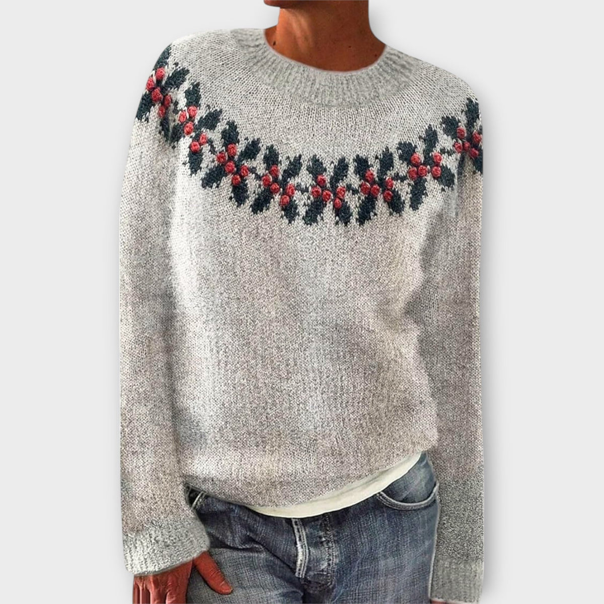 Festive Pattern Christmas Jumper with Crew Neck and Ribbed Trims