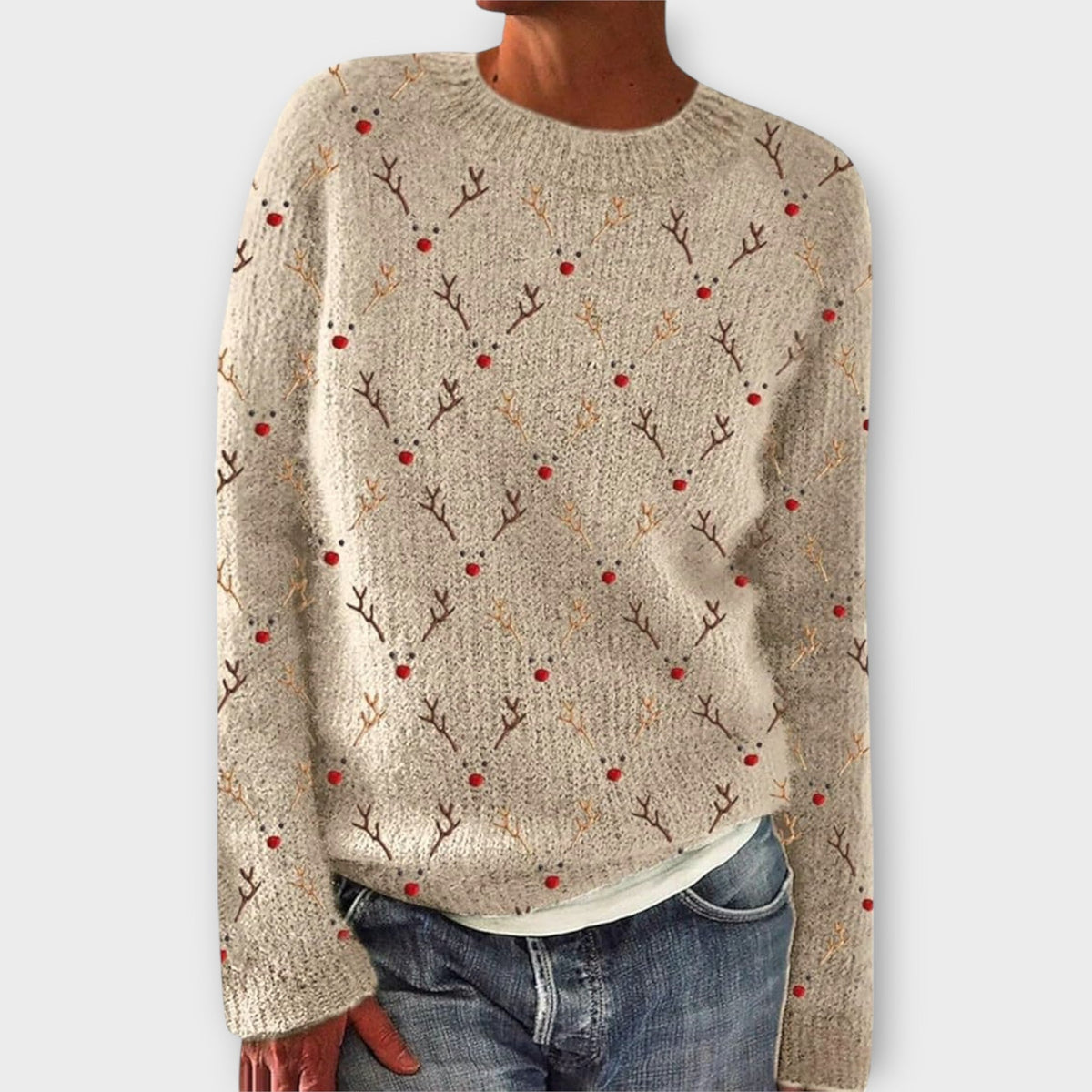 Festive Pattern Christmas Jumper with Crew Neck and Ribbed Trims