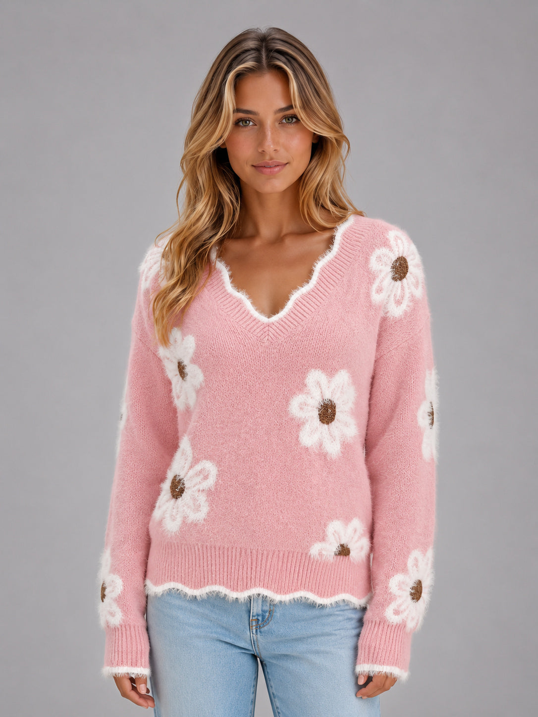 Fine Knit Floral Jumper with Daisy Motif and Scalloped V Neckline