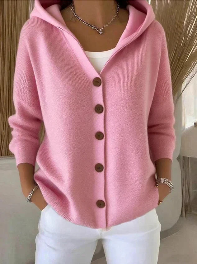 Hooded Cardigan with Button Front and Dropped Shoulder Sleeves