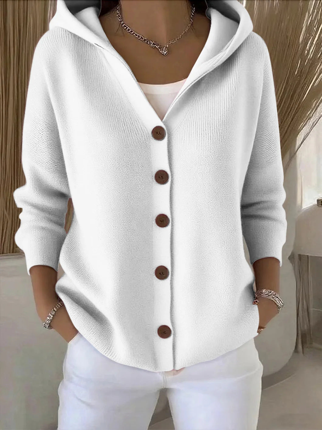Hooded Cardigan with Button Front and Dropped Shoulder Sleeves