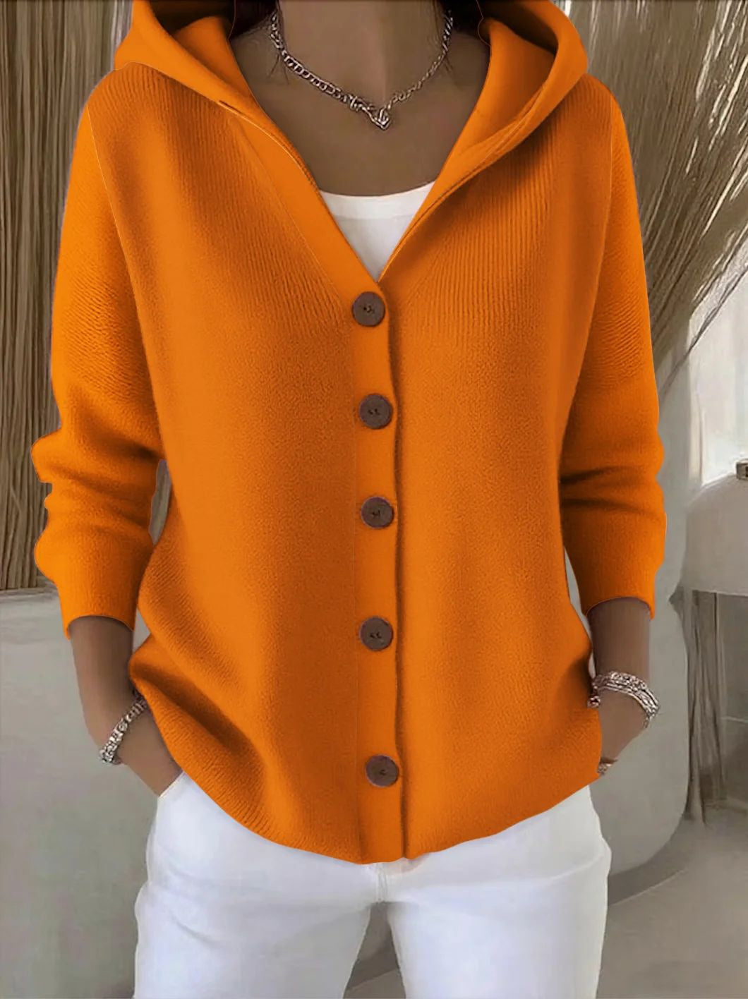 Hooded Cardigan with Button Front and Dropped Shoulder Sleeves